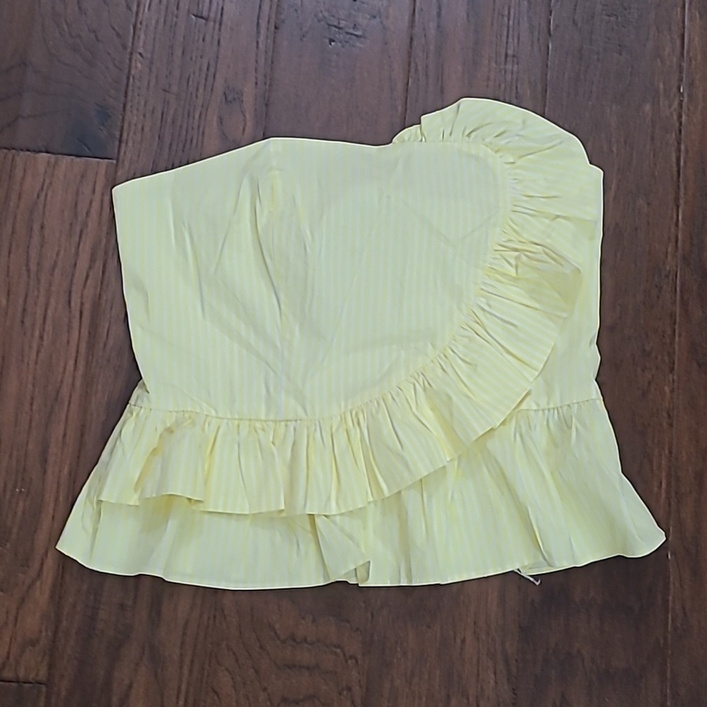 NWT Express Yellow & White Strapless Smocked Top with Ruffle Detail size Large